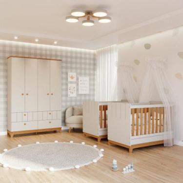 Imagem de Quarto Bebê Gêmeos com 2 Berços Mini Cama e Guarda Roupa 4 portas Liza