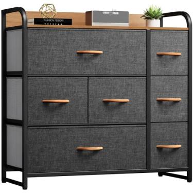 Imagem de DWVO Cômoda de tecido com 7 gavetas, cômoda preta e cômoda com gavetas, torre de armazenamento com grande capacidade, unidade organizadora para quarto, sala de estar e armários