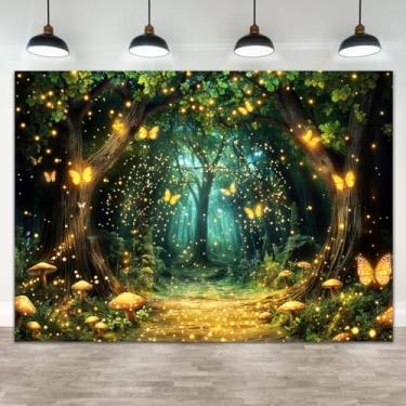Imagem de Fundo de floresta encantada, conto de fadas verde, jardim mágico encantado, fundo de borboleta floral, decoração de festa de aniversário, estúdio, fotografia, bandeira, adereços 2,1 x 1,5 m