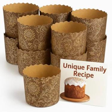 Imagem de Formas de cozimento Kulich e Panetone de 425 g – Pacote com 12 | Formas grandes de papel antiaderente para pão de Páscoa | L 13 cm x A 8,5 cm | Seguro para forno e micro-ondas | Design elegante marrom