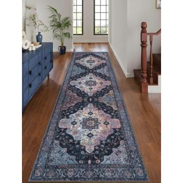Imagem de Tangsoo Tapete de corredor lavável 5 x 25 cm para corredores, antiderrapante, vintage, macio, de pelo baixo, tapete longo, estampado, envelhecido, azul marinho/Mlulti para cozinha, quarto, entrada