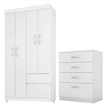 Imagem de Kit Guarda Roupa Solteiro 4 Portas Lótus Cômoda Astral Branco