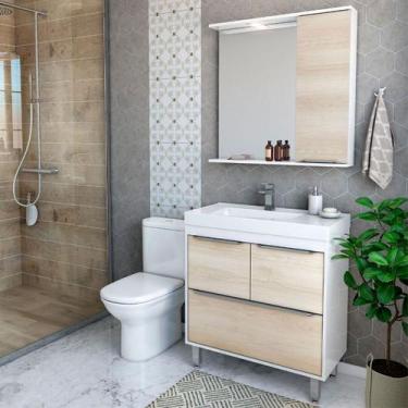 Imagem de Armário de Banheiro 80 Cm 3 Portas 1 Gaveta com Cuba Branco/Legno Crem