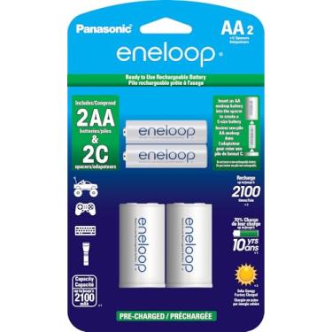 Imagem de Eneloop Panasonic K-KJS2MCA2BA adaptadores de bateria tamanho C AA 2100 ciclos Ni-MH baterias recarregáveis pré-carregadas, 2 pacotes com 2 adaptadores C