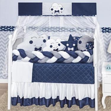 Imagem de Kit Berço Cabeceira Nuvem Marinho Menino 12 Peças Saia Box - Beatriz E