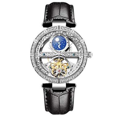 Imagem de RORIOS Relógios femininos, relógio mecânico, pulseira de couro, automático, relógio de pulso com corda automática, fase da lua, relógio luminoso para mulheres e mulheres