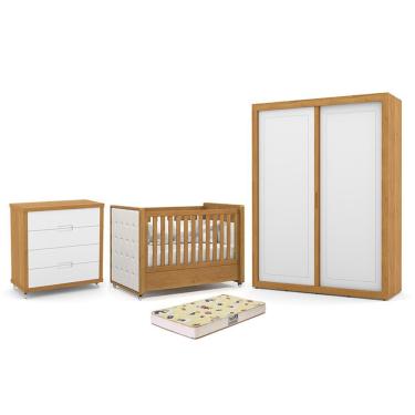 Imagem de Dormitório Tutto New 2 Portas, Cômoda 4 Gavetas e Berço com Capitonê e Colchão Supreme - Matic Móveis Freijó/Branco Soft