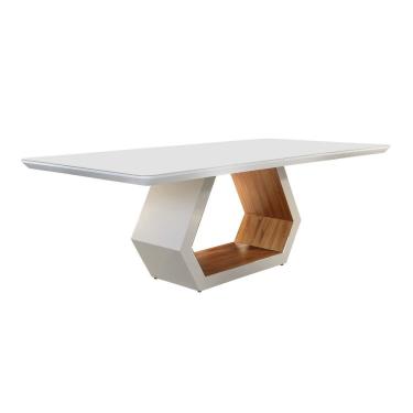 Imagem de Mesa De Jantar 180x90cm Tampo Madeira/vidro Sarah Mobilare Laca Off White/cinamomo Imbuia