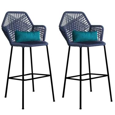 Imagem de Kit 02 Banqueta Alta Sttar Ferro Preto Fibra Azul Marinho Almofada Suede Azul Turquesa