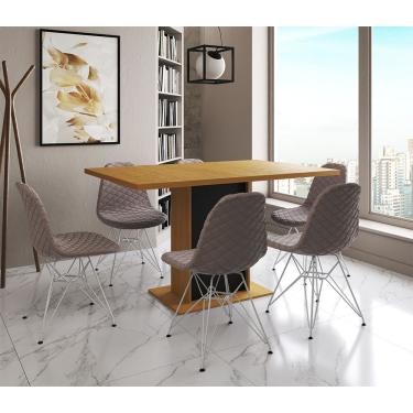 Imagem de Mesa Jantar Londres Retangular Canela 137X90 Base Preta 6 Cadeiras Estofadas Nude Médio Ferro Branco