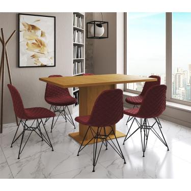 Imagem de Mesa Jantar Londres Retangular Canela 137X90Cm 6 Cadeiras Estofadas Vermelho Ferro Preto