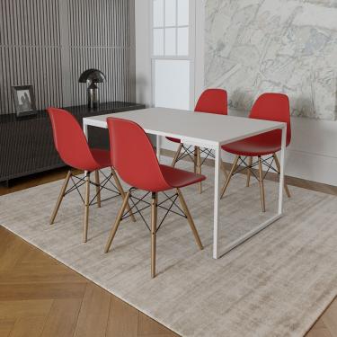 Imagem de Mesa Industrial Base Ferro Branco 137X90 Tampo Branco 4 Cadeiras Eiffel Madeira Assento Vermelho