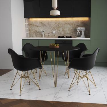 Imagem de Mesa Jantar Redonda 90Cm Preta Clips 3 Pés Com 4 Poltronas Pretas Base Dourado - Cor: Preto