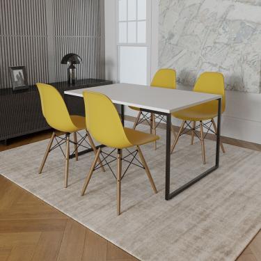 Imagem de Mesa Industrial Base De Ferro Preto Tampo 137X90 Branco 4 Cadeiras Madeira Assento Amarelo Branco