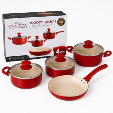 Imagem de Jogo De Panela Antiaderente Cerâmica C/tampo De Vidro 4pçs Vermelho - 