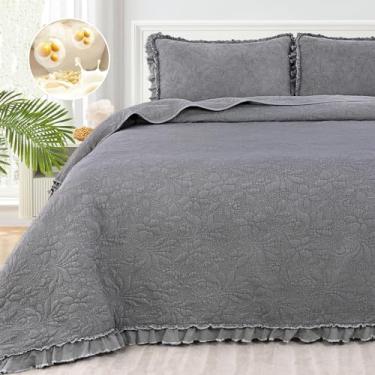 Imagem de Uspring Conjunto de cama king size com enchimento de fibra de soja cinza com babados florais, 3 peças, colcha de cama macia e leve de microfibra lavada com pedra para todas as estações, 96 x 106 cm