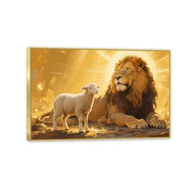 Imagem de Leão de Judá, arte de parede, tela, cordeiro, Jesus, pinturas, para sala de estar, fotos cristãs, pôster e impressões, decoração de parede para quarto 60 x 40 cm (24 x 16 pol), moldura dourada