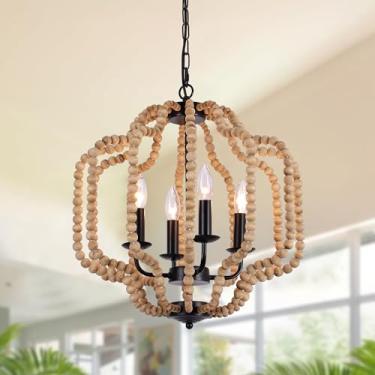 Imagem de Qcazegy Lustre De Madeira Estilo Boho 17,7", Pendente Rústico Com Corrente Ajustável, 4 Luzes Reguláveis Para Quarto, Sala Jantar, Cozinha, Berçário, Hall Entrada, Estar, Quarto Meninas