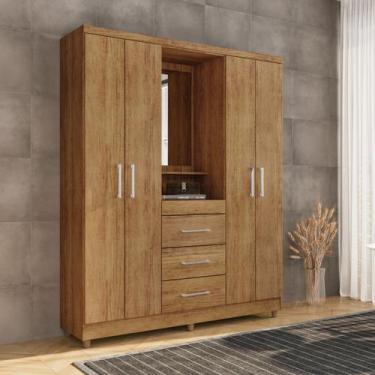 Imagem de Guarda Roupa com Espelho Capelinha 4 Portas e 3 Gavetas cor Cedro - Ru