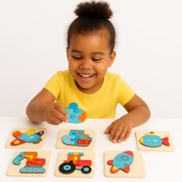 Imagem de Kit 6 Quebra-Cabeças Premium Madeira Infantil Meios de Transporte ou Animais Educativo Super Colorido e Divertido Brinquedo Montessori Seguro Ideal Criança (KIT TRANSPORTES)
