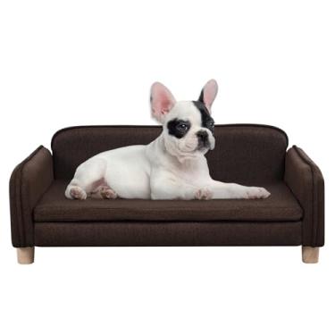 Imagem de Cama de cachorro de tamanho grande - Sofá de madeira para animais de estimação, almofada lavável, sofá de tecido de linho para cães e cadeira para descanso médio para animais de estimação (marrom)