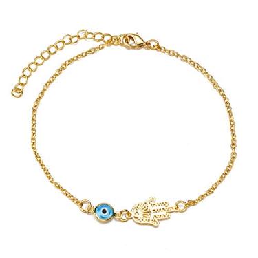 Imagem de Tornozeleira Kelistom feita à mão para pendurar no lado do mal, Hamsa, para mulheres, adolescentes, pulseira delicada banhada a ouro real 14K com extensão de 5 cm, joia minimalista à prova d'água e não mancha
