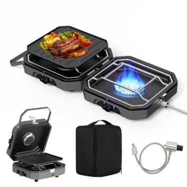 Imagem de Kirumie Fogão portátil ajustável de 2 bocas com 16.000 BTU, proteção contra chamas, com churrasqueira de acampamento e bolsa de transporte, fogões de acampamento a propano para acampamento, churrasco