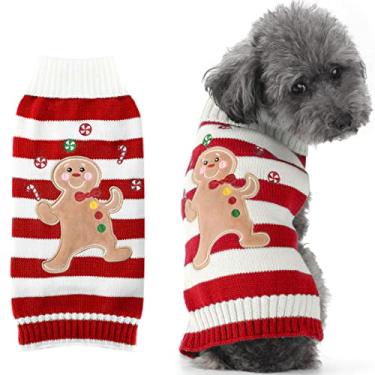 Imagem de TENGZHI Suéter para cachorro vermelho listrado biscoito de gengibre homem animal de estimação gola alta outono inverno quente filhote suéter roupa para cães pequenos médios gatos