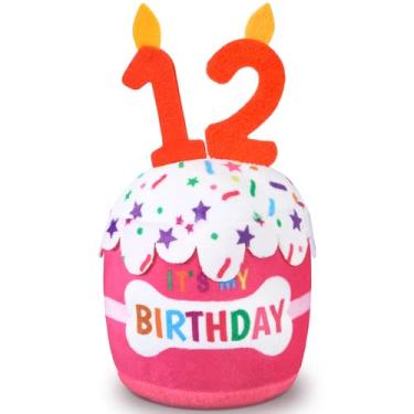 Imagem de Dansydaisy Acessórios de brinquedo de bolo de aniversário de 12 anos para meninas e meninos, brinquedo de pelúcia rosa para decoração de festa de aniversário para cães grandes, médios e pequenos