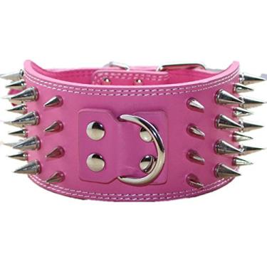 Imagem de Coleira para cachorro haoyueer de couro afiado de 7,6 cm para treino, esportes, caminhadas, médio, grande, GG, para Pitbull, Labrador, Boxer (rosa choque, M)