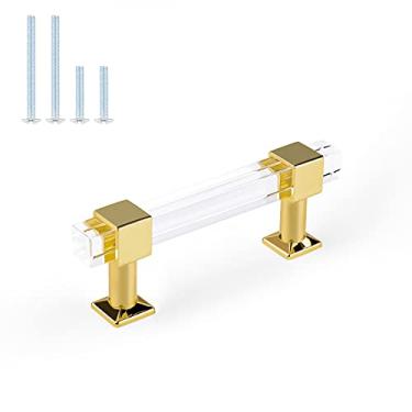 Imagem de Pacote com 5 alças de armário de cozinha Orger de 7,6 cm, alças de gaveta de acrílico de tubo quadrado transparente com base de acabamento dourado, puxadores para armário de quarto, cômoda e guarda-roupas