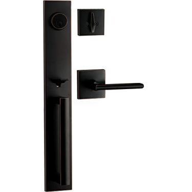 Imagem de Berlim Modisch Conjunto de maçaneta com alça de proteção completa para porta frontal e fechadura de fechadura, conjunto de fechadura e fechadura de cilindro simples quadrado fino e alavanca resistente, Oil-Rubbed Bronze