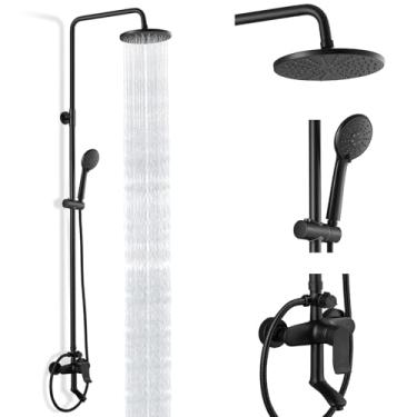 Imagem de Heyalan Chuveiro exposto em preto fosco com 3 funções, torneira de chuveiro de latão para banheiro com 22 cm, cabeça de chuva redonda ABS com suporte de parede com pulverizador portátil de ABS, bico deslizante ajustável para banheira