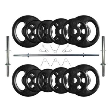 Imagem de Kit 40 Kg de Anilhas Ferro Fundido + Barras de Supino e Halteres - 2M