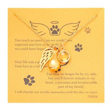 Imagem de TGOLM Colar de urna animal de estimação para presente de simpatia por perda de animais de estimação para cinzas, pingente de asa de anjo, pedra do mês de nascimento, joia de lembrança de cremação para