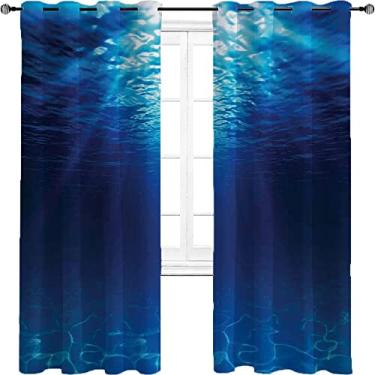 Imagem de Cortina blackout oceano com ilhós, paisagem subaquática com fundo do mar arenoso, luz solar, tratamento de sombreamento completo, cortina de isolamento de cozinha, L 132 x C 213 cm, azul marinho