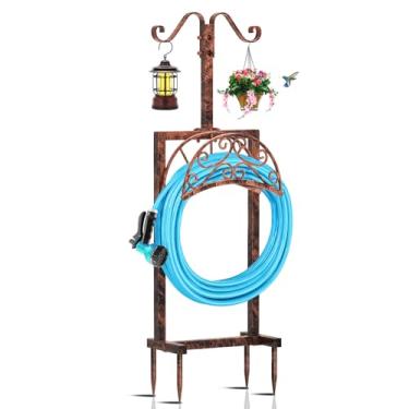 Imagem de Ouinis Suporte de mangueira de jardim independente, suporte de carretel de armazenamento pesado atualizado com 4 pontas com ganchos de pastores, comporta mangueira de 45,7 m para gramado externo de