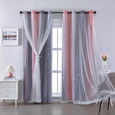 Imagem de XiDi Conjunto de 2 painéis de cortinas para quarto de meninas, cinza e rosa, blackout arco-íris para decoração de quarto de crianças, decalques de parede de unicórnio para quarto de bebê, 86 cm de