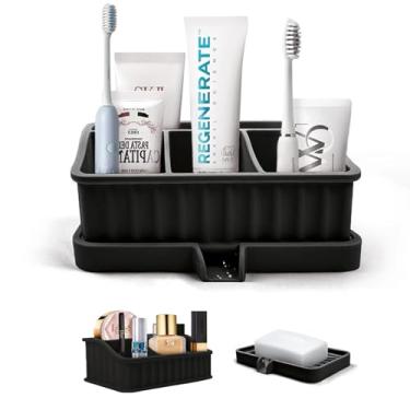 Imagem de Suportes de escova de dentes para banheiros, escova de dentes elétrica infantil e suporte de pasta de dente com drenagem, 5 compartimentos destacáveis, saboneteira, suporte de escova de dentes