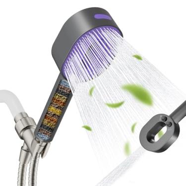 Imagem de Hibbent Chuveiro portátil filtrado atualizado, chuveiro portátil de alta pressão com 3 sprays com filtro, remover cloro, suporte de chuveiro com suporte de pivô de latão, mangueira de 188 cm, roxo
