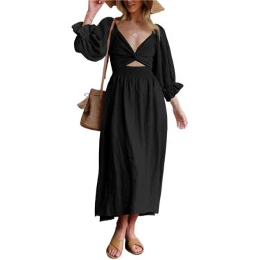 Imagem de Mulheres Vestido Casual Outono Cintura Alta Decote Quadrado Vestidos Longos Franzido 3/4 Mangas Praia Feriado, Black, S