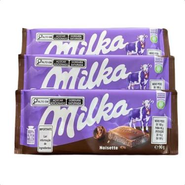 Imagem de 3 barras de chocolate ao leite milka sabor creme de avelã