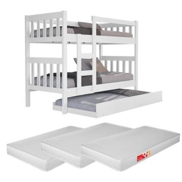 Imagem de Beliche MDF com 3 Colchões e Cama Auxiliar - Ótima para Espaços Compac