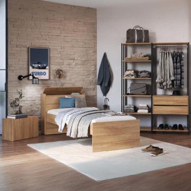 Imagem de Quarto Completo Com Cama Solteiro Para Colchão 188x78cm Com Baú Embutido Multimóveis Mp4342 Preto Madeirado