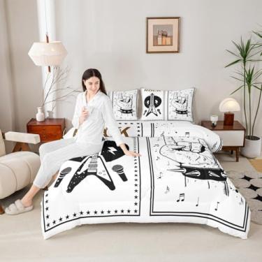 Imagem de Manfei Conjunto de edredom com música rock roll, instrumento de violão, decoração de quarto de meninos, retrô, abstrato graffiti com 1 fronha para todas as estações, solteiro