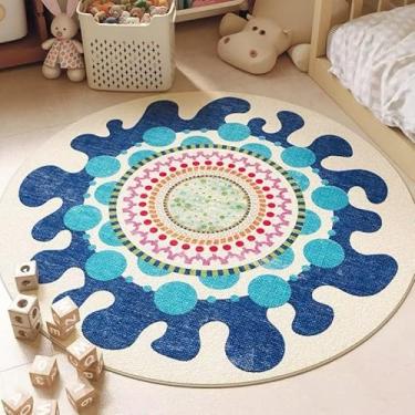 Imagem de Poowe Tapete redondo Blue Fantasy, tapete circular fofo, lavável, para quarto de crianças, antiderrapante, para uso interno, para entrada, 120 cm, redondo