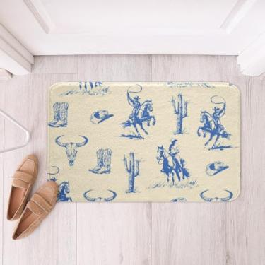 Imagem de Feelyou Tapetes de banho infantis de caveira de touro para banheiro, caubói ocidental, tapetes de banheiro azul e branco para banheira, crianças, meninos, meninas, acessórios de banheiro vintage,