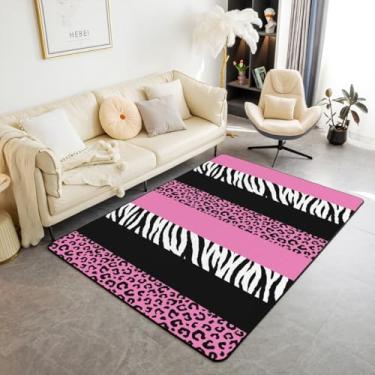 Imagem de Castle Fairy Tapete de área com estampa de leopardo rosa 150 cm x 200 cm x 1 cm estampa de pele de animal selvagem tapete antiderrapante feminino para sala de estar preto branco zebra impressão listras tapete interno para cama sofá