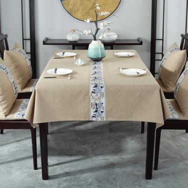 Imagem de KAIJIE Toalha de mesa de chá retangular estilo chinês imitação de algodão e linho padrão floral para decoração de festa piquenique e jantar 100 x 160 cm A-cáqui