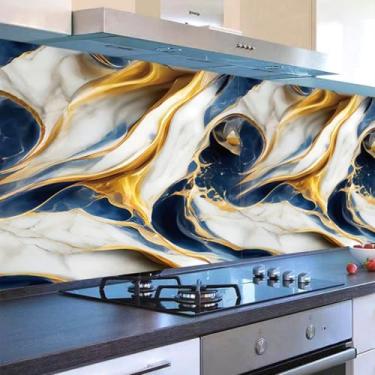 Imagem de Papel de parede de mármore dourado PVC autoadesivo fundo à prova de calor e óleo parede cozinha banheiro adesivos de parede azul e branco 40 * 300 cm